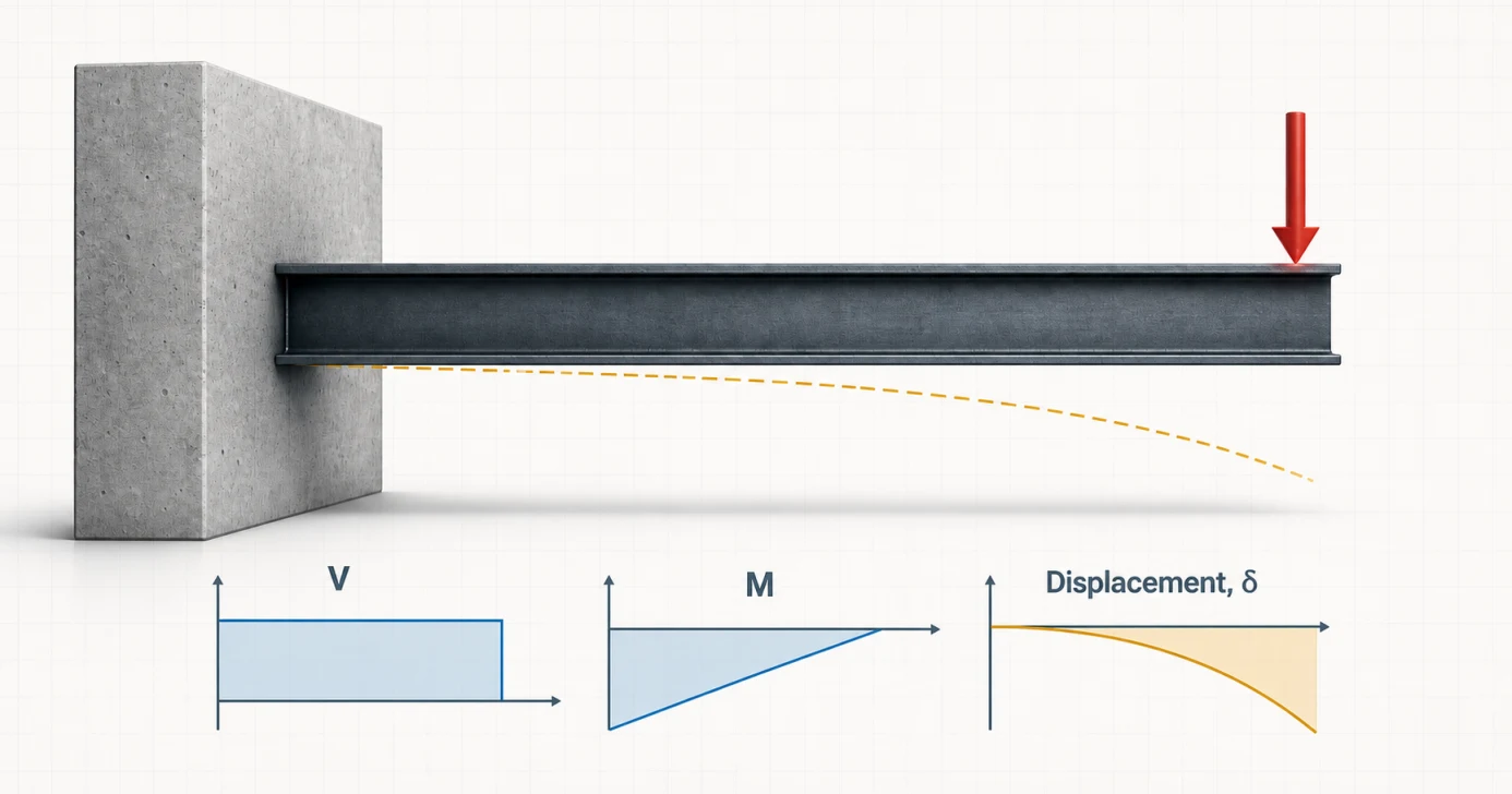 Cantilever steel beam fixed into a concrete wall at the left and carrying a downward free-tip load, with labeled shear, negative bending moment and displacement diagrams