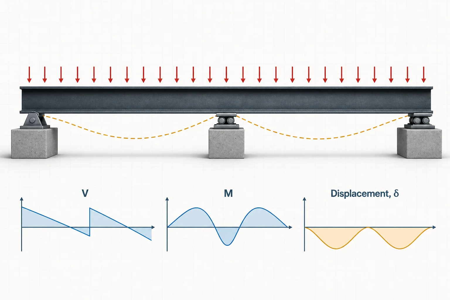 Two-span steel continuous beam on three supports under a distributed load with labeled shear, bending moment and displacement diagrams
