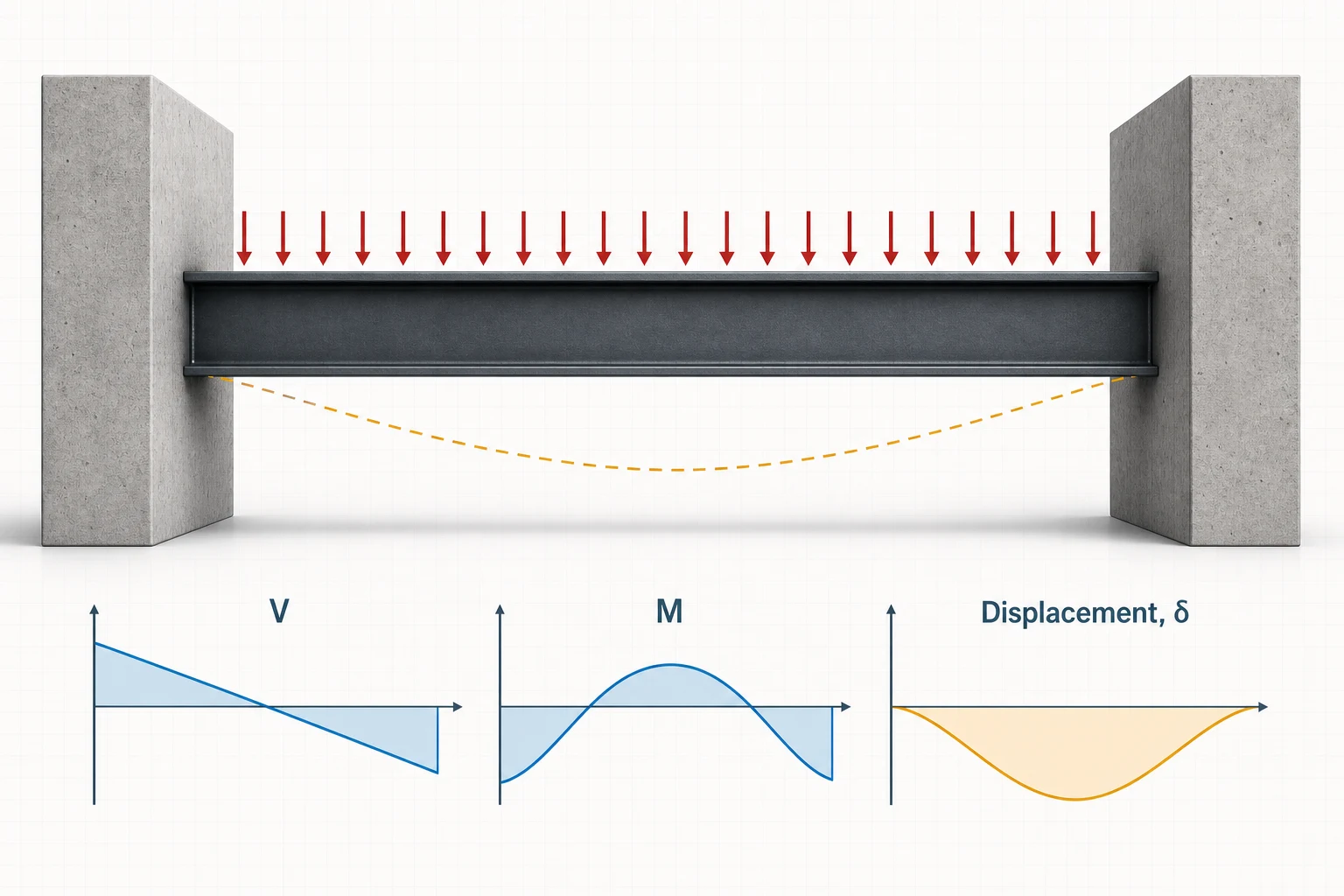 Steel fixed beam clamped at both ends under a uniform load with labeled shear, bending moment and displacement diagrams