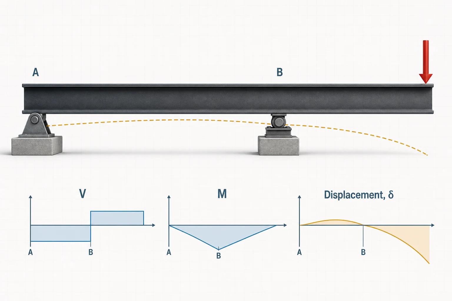 Steel beam on a pin and inboard roller with a right overhang and tip load, above labeled shear, bending moment and deflection diagrams