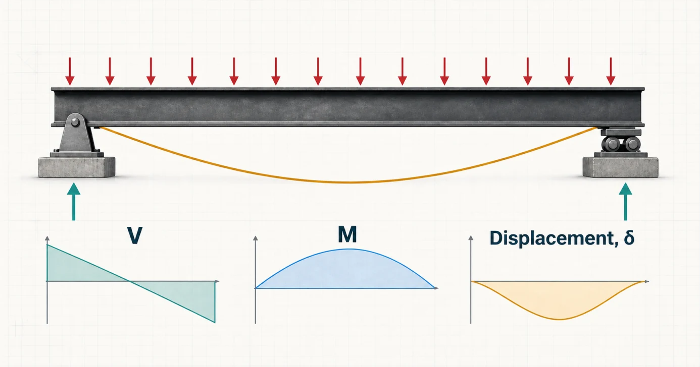 Simply supported steel beam on a left pin and right roller under a distributed load, with reactions and labeled shear, bending moment and displacement diagrams