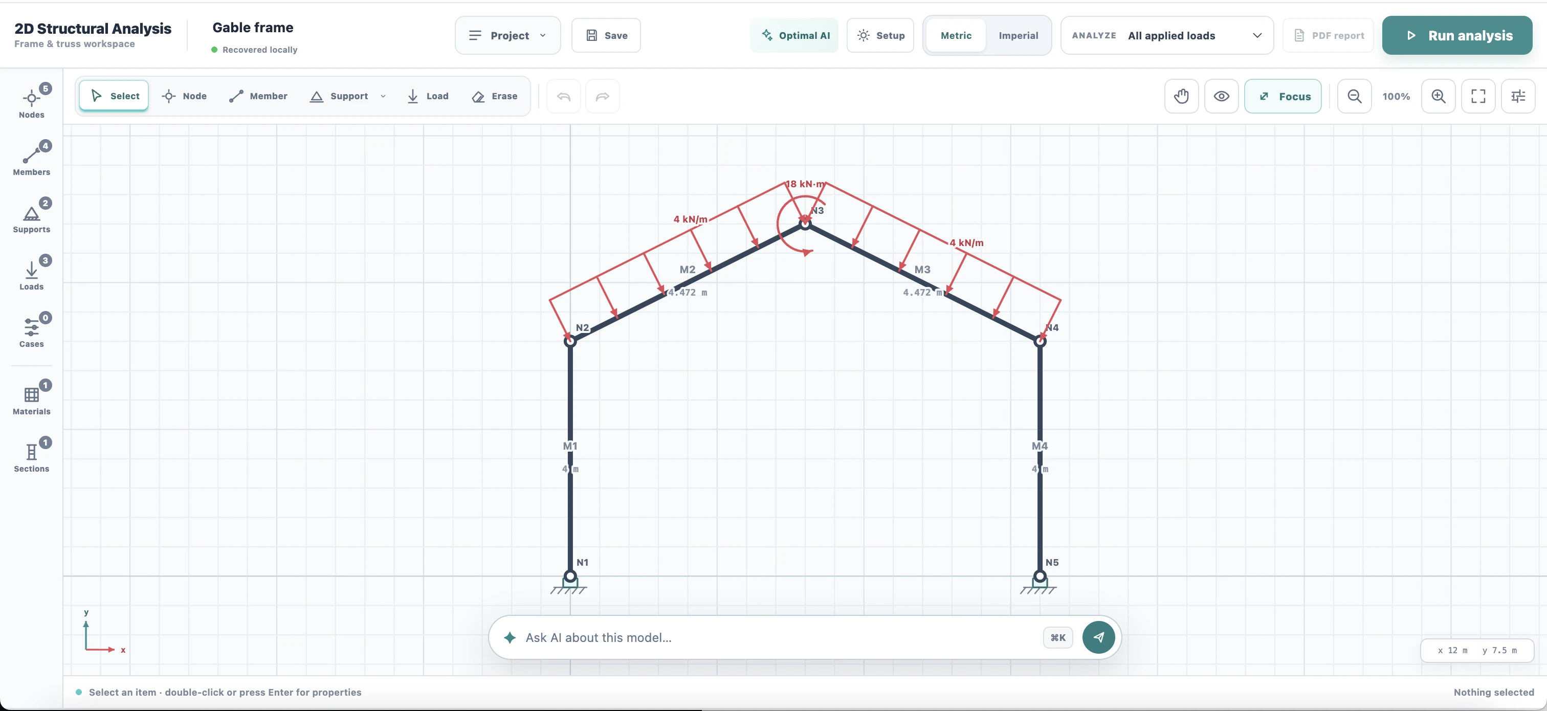 2D Structural Analysis workspace showing a gable frame with supports, distributed roof loads and an applied moment