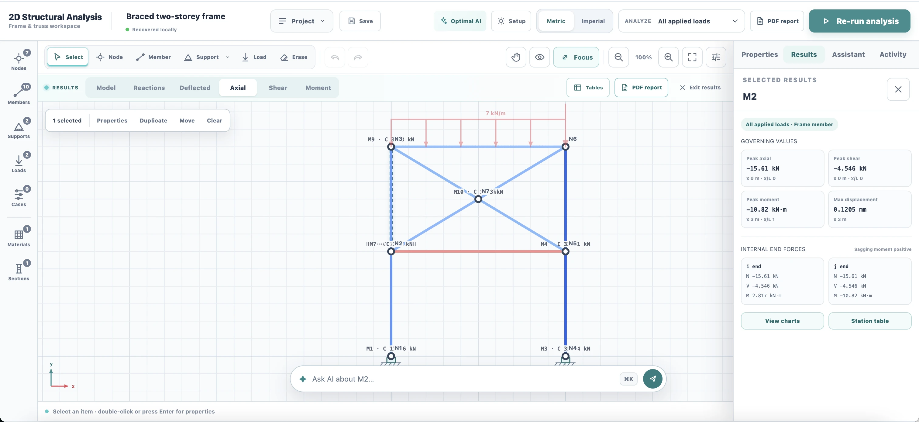Optimal Beam 2D workspace with a selected frame member, peak result values and the model-aware AI prompt