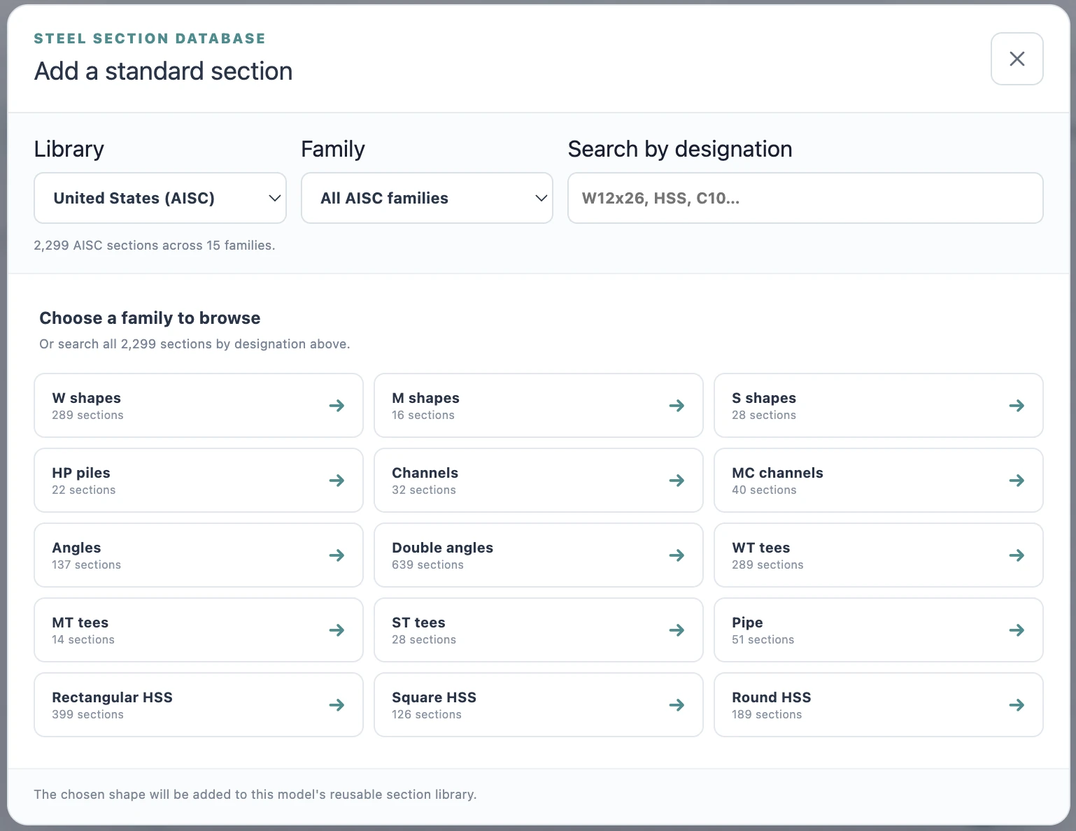 Optimal Beam steel section database showing the AISC library, section families and designation search