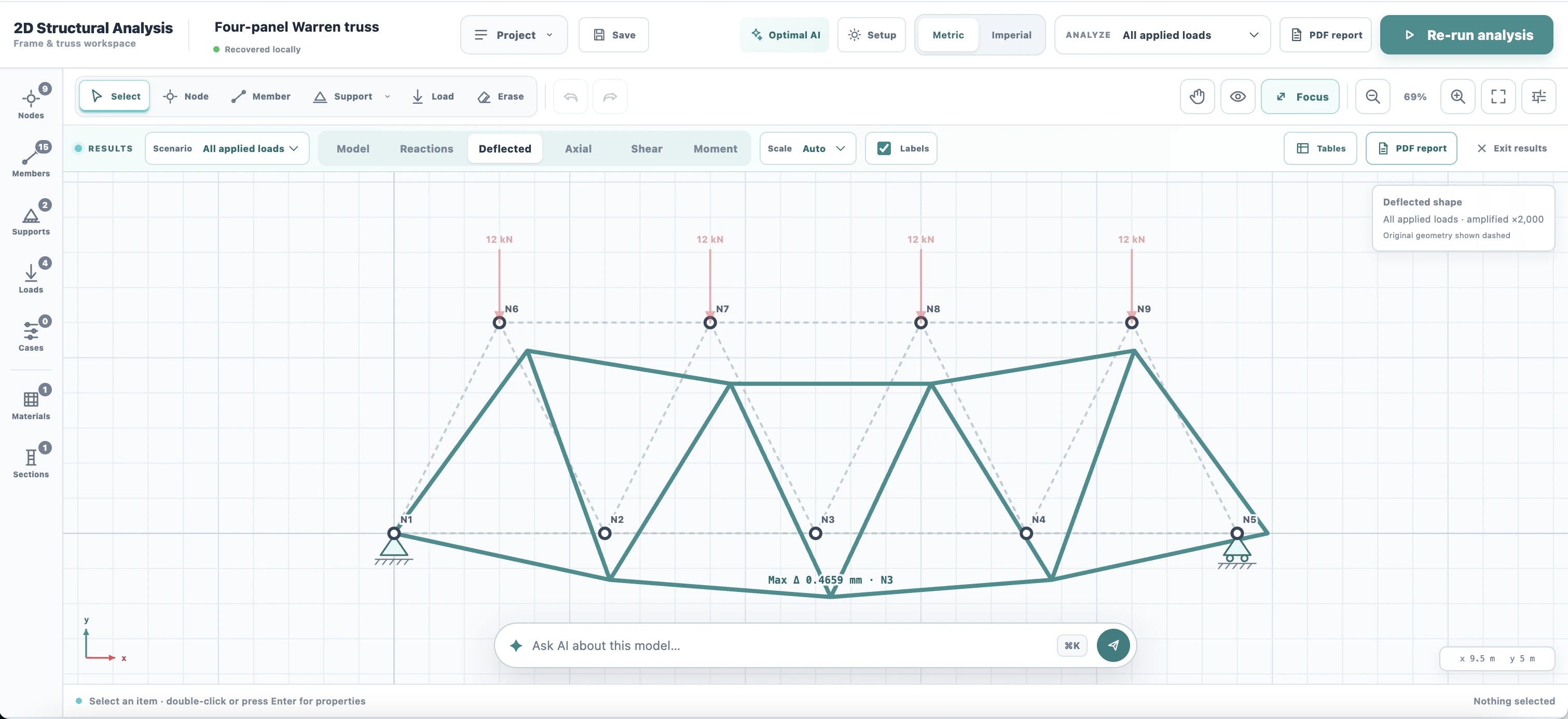 Four-panel Warren truss in Optimal Beam with original geometry dashed and the amplified deflected shape shown in teal