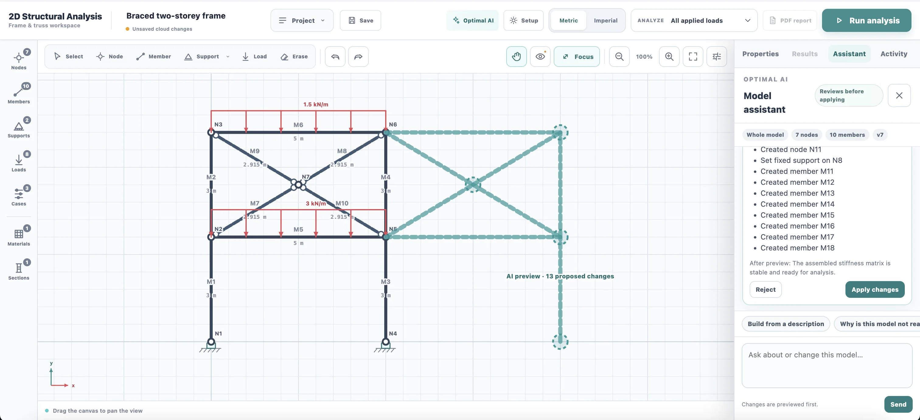 Optimal AI preview showing a proposed second braced bay, thirteen proposed model changes and Apply changes or Reject controls