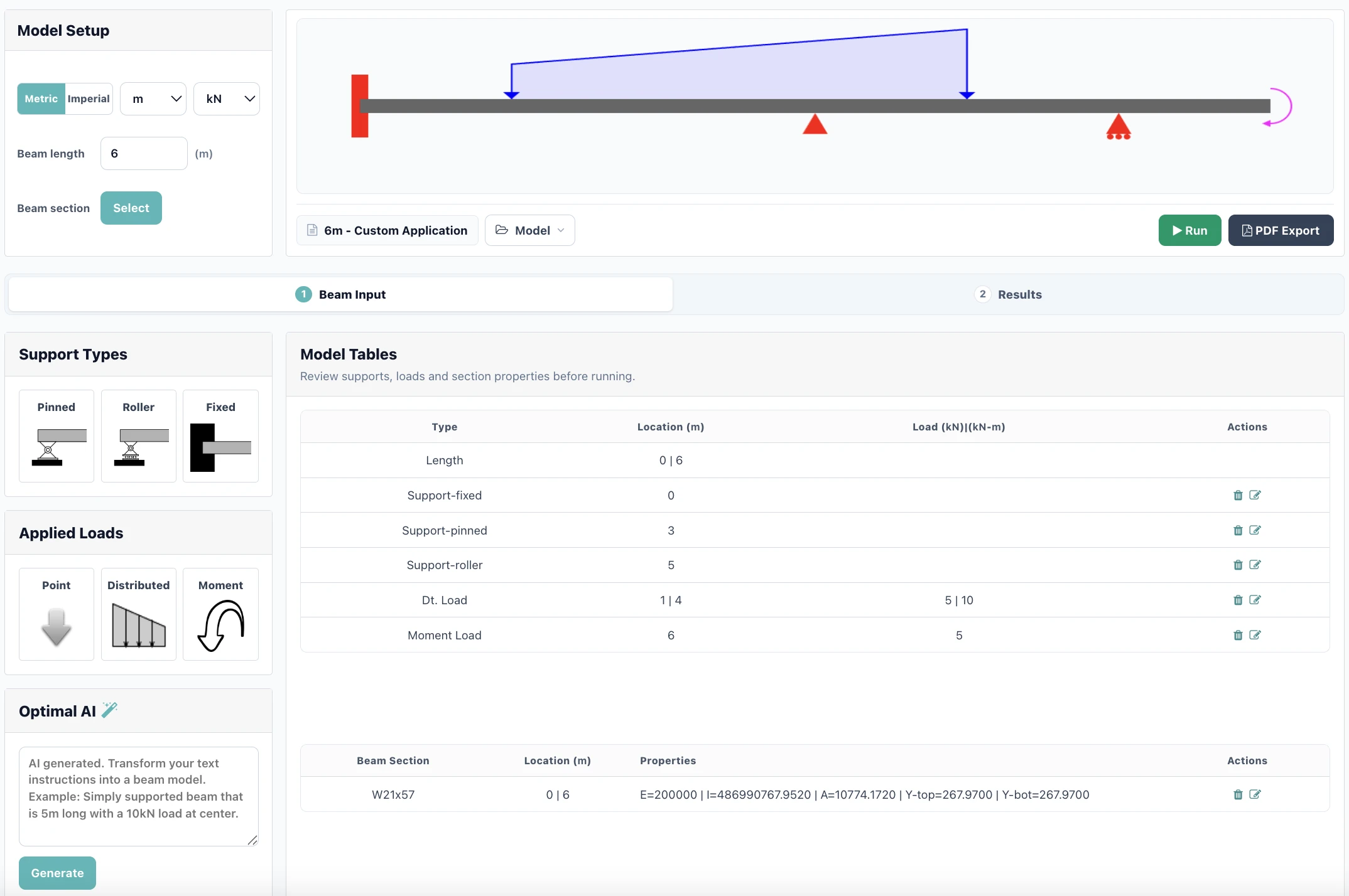 Optimal Beam Calculator workspace showing beam setup, supports, loading and model tables