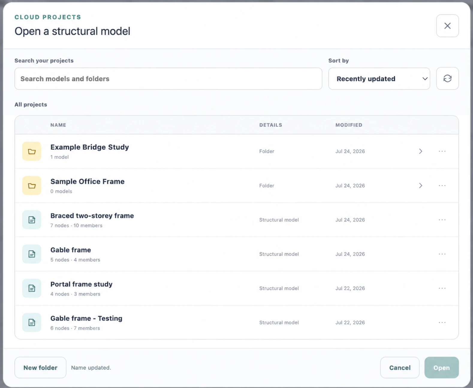 Optimal Beam Cloud Projects dialog with fictional example folders, saved structural models, search and recently updated sorting