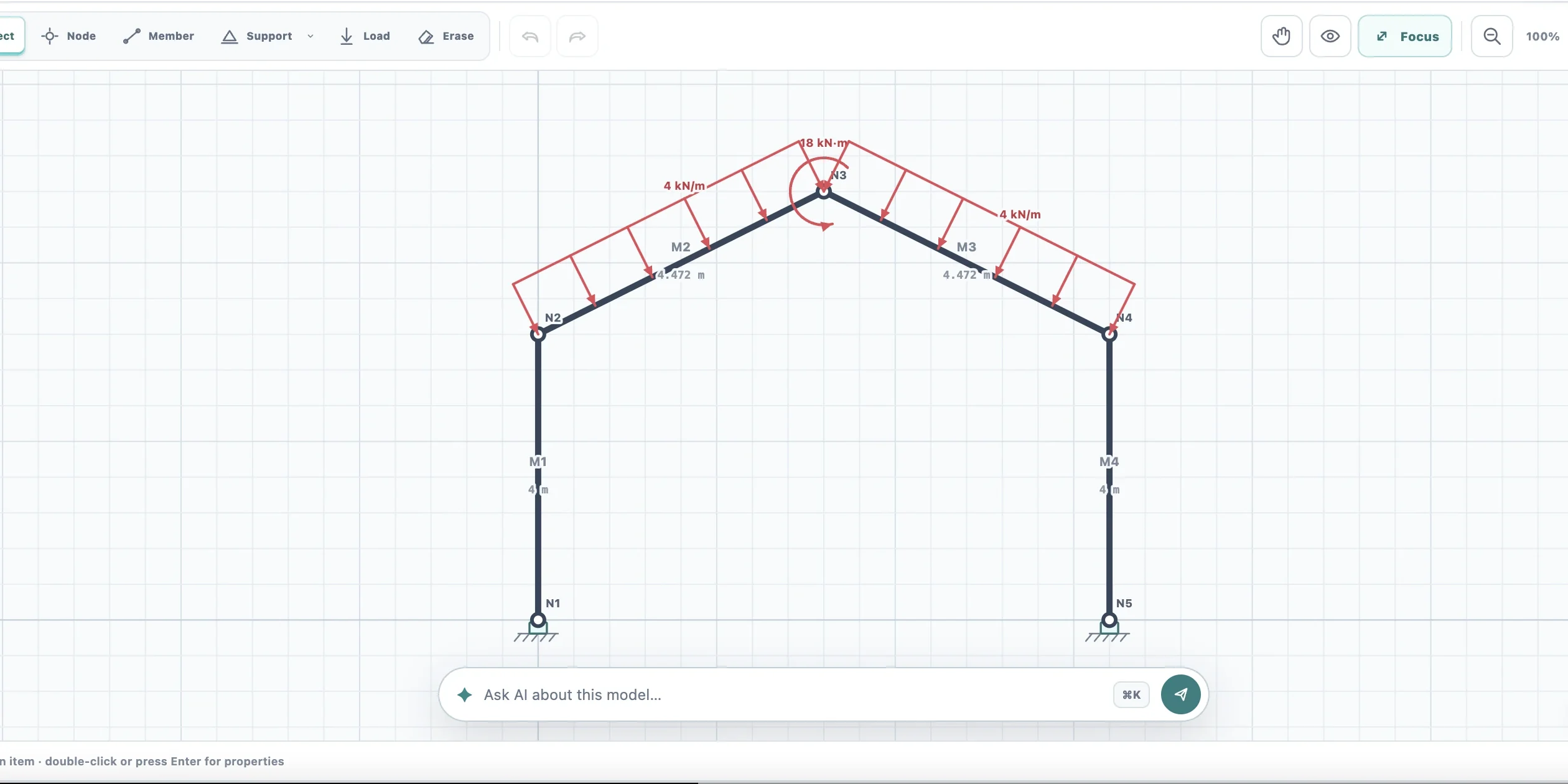 Optimal Beam 2D workspace showing a complete gable frame, supports and distributed roof loads