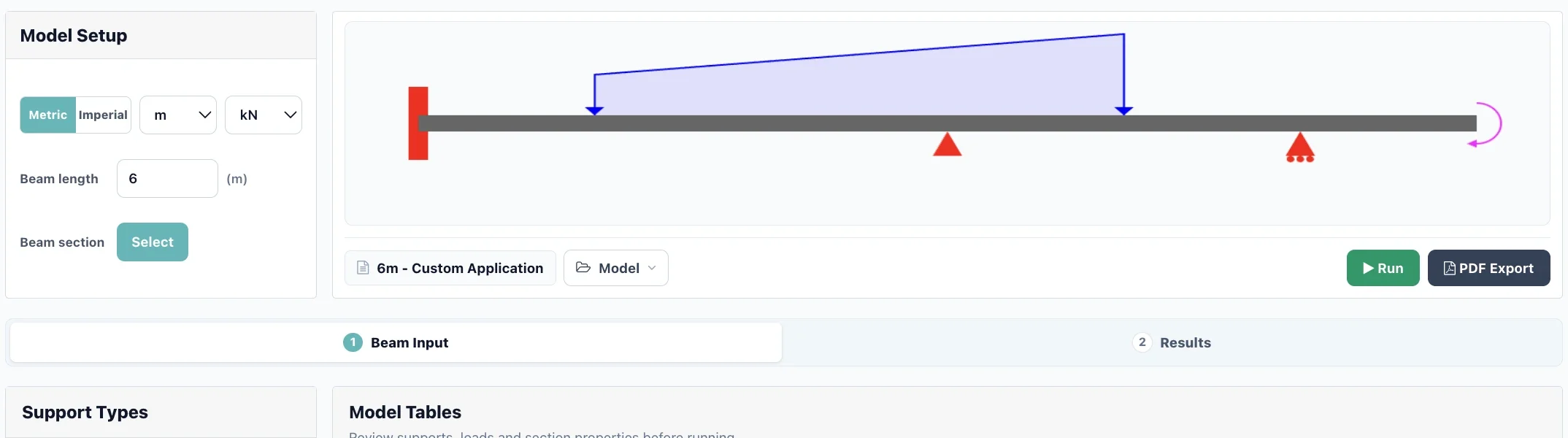 Optimal Beam calculator showing beam setup, applied loading and supports