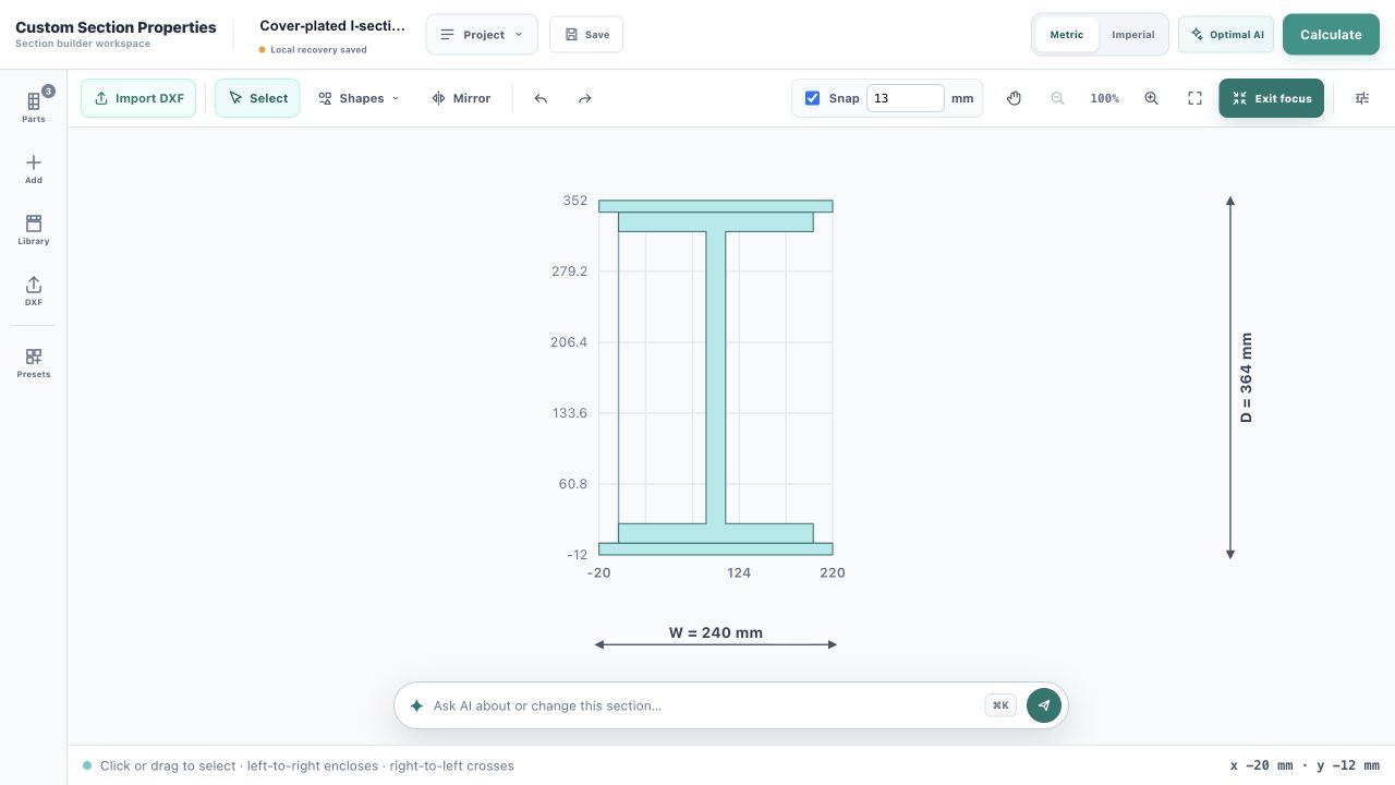 Real Optimal Beam Section Builder workspace showing an editable I-section with top and bottom cover plates