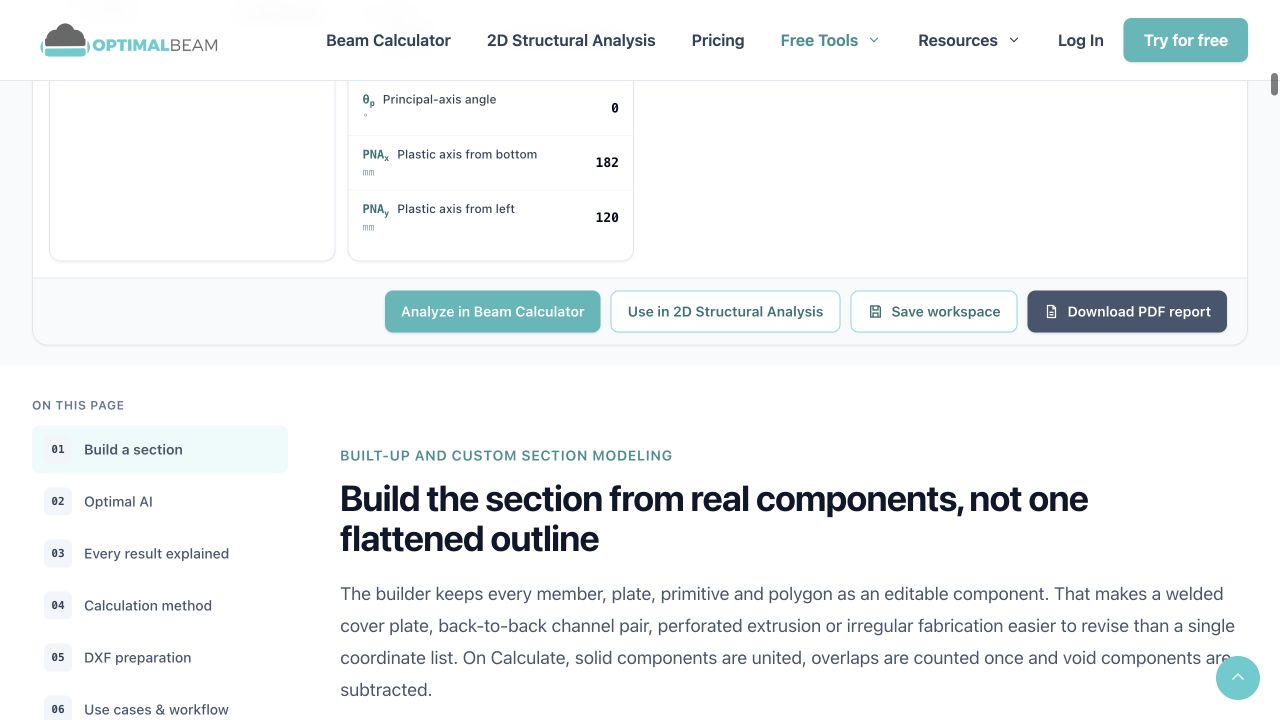 Real Section Builder actions to analyze the calculated section in Beam, use it in 2D Structural Analysis, save the workspace or download a PDF report